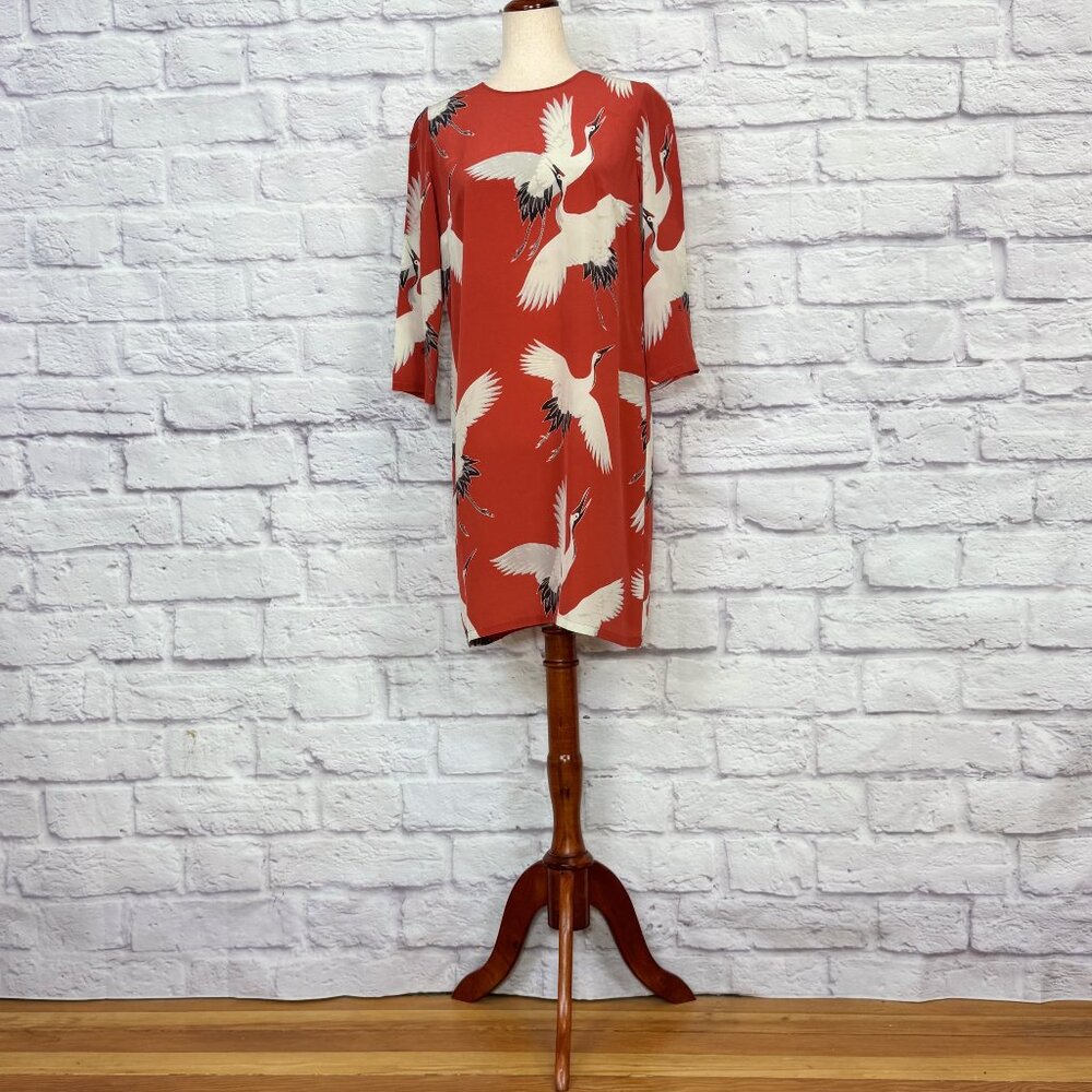 Anthropologie Nieves Lavi Demoiselle Burnt Orange Silk Crane Print Dress